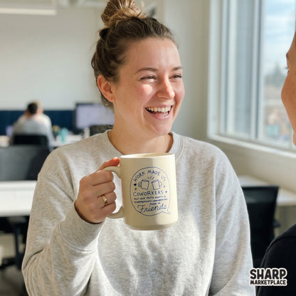 Funny office quote design in a blue doodle style with coffee mugs, hearts, and stars, perfect for sublimation on mugs or apparel.