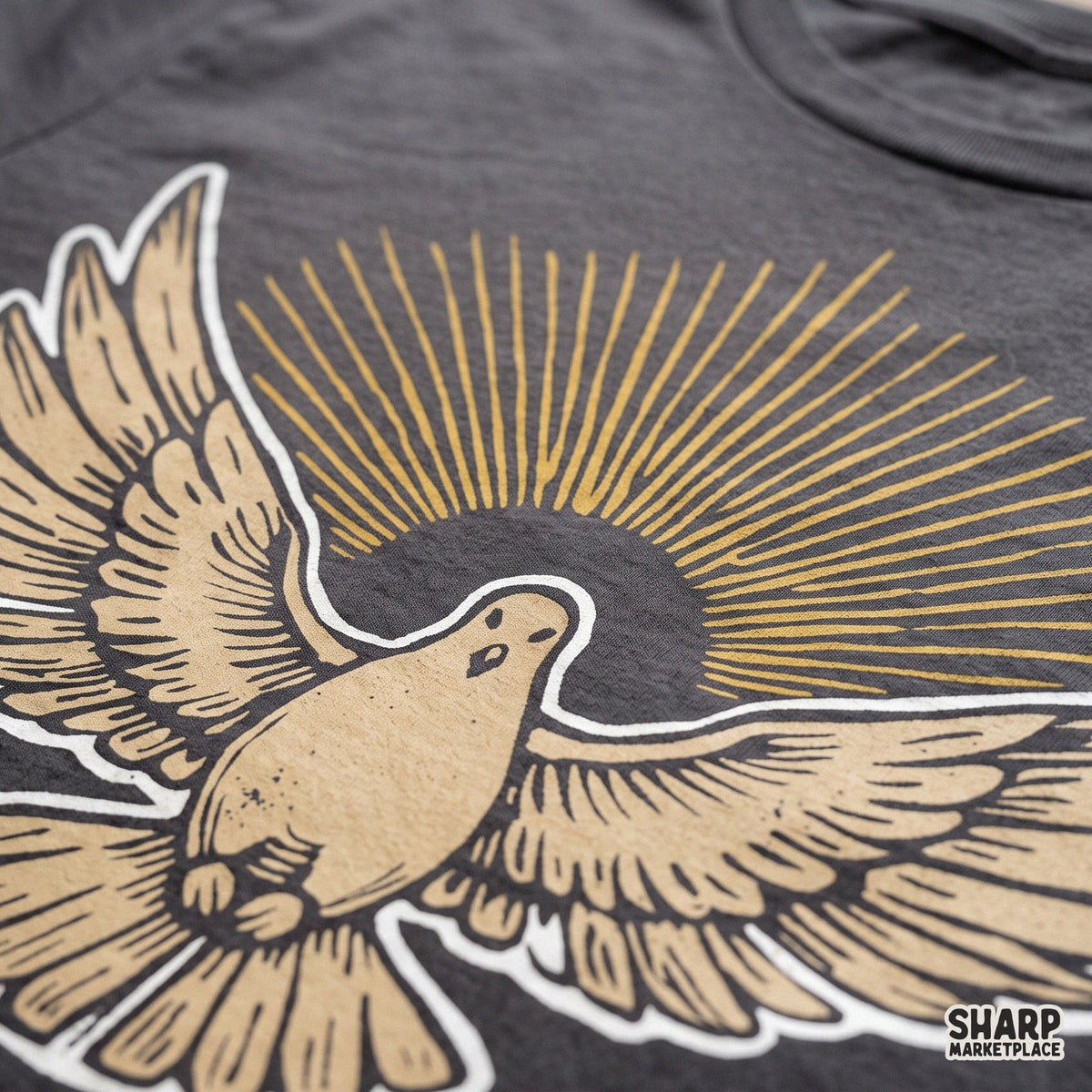 Flying dove with olive branch and sunburst halo vintage christian png graphic for faith based prints