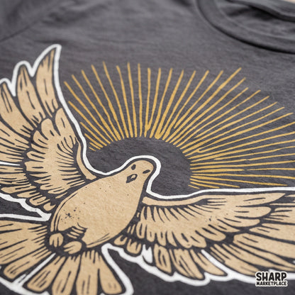 Flying dove with olive branch and sunburst halo vintage christian png graphic for faith based prints