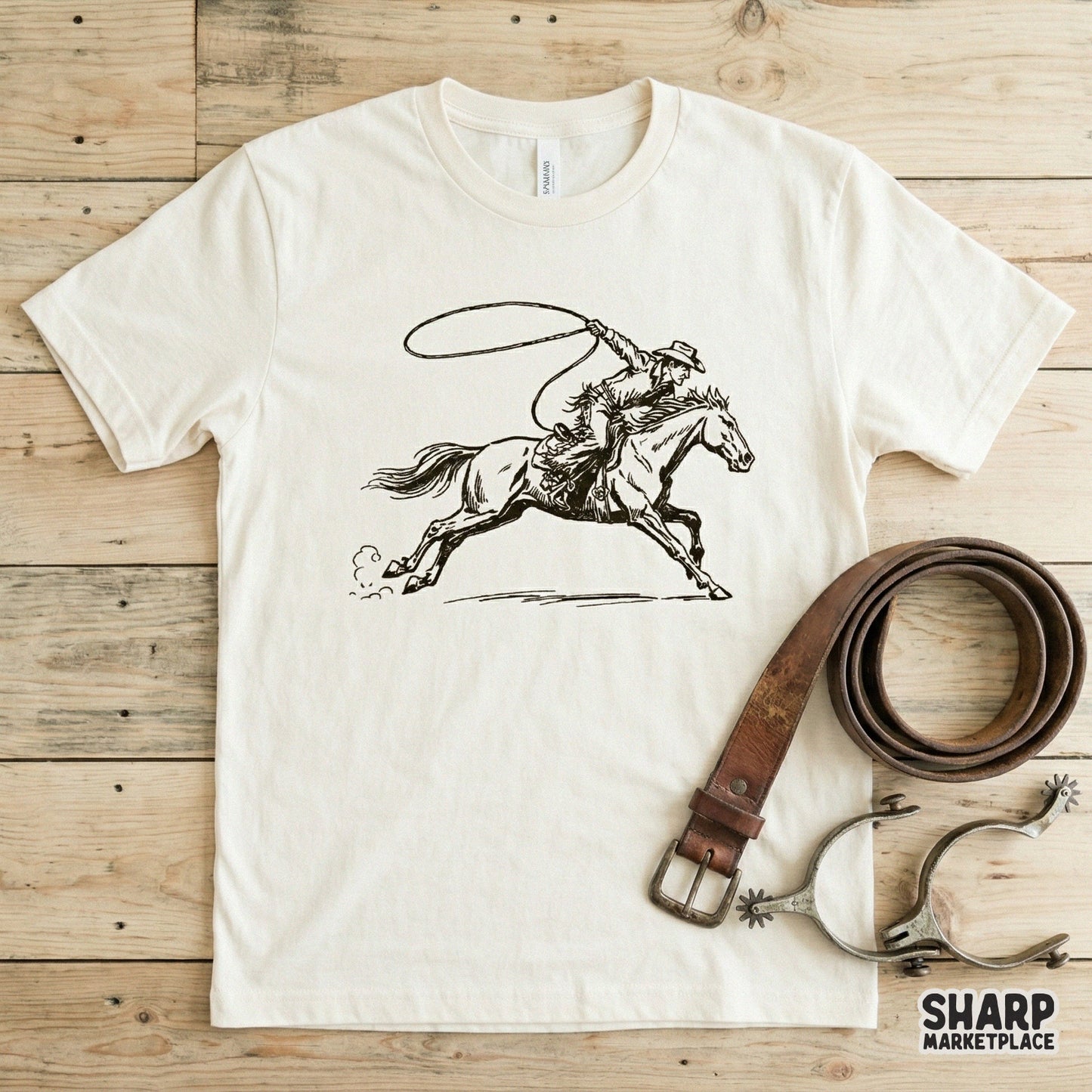 Detailed digital graphic of a rodeo rider on a horse with a rope loop, ideal for creating country-style sublimation transfers and DIY wall art.