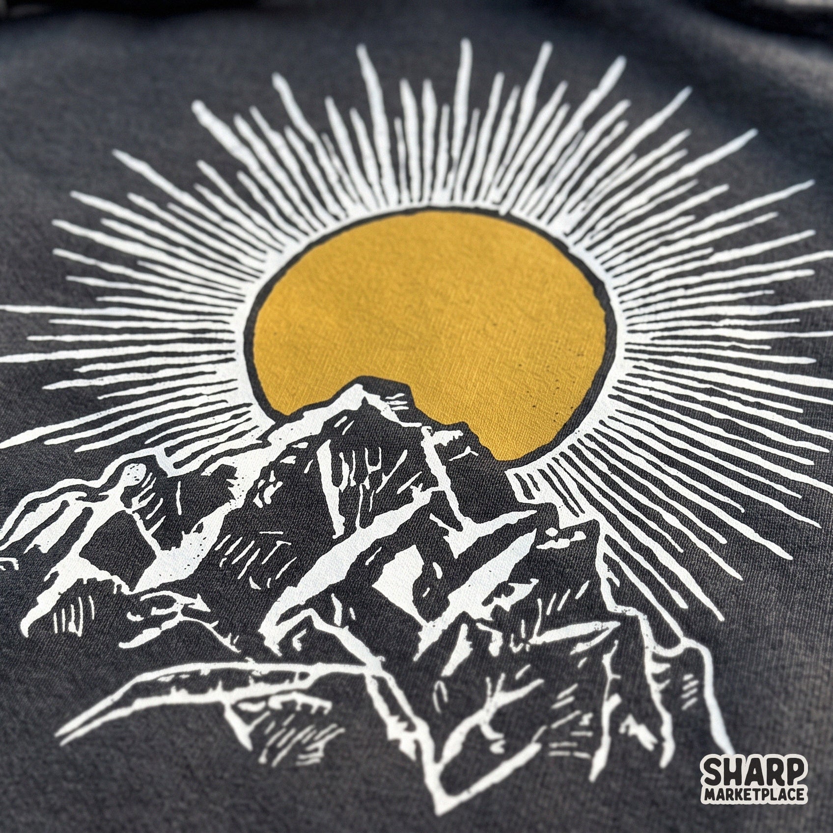 Linocut sunburst over mountain peak vintage woodblock landscape art for western shirts and sublimation prints