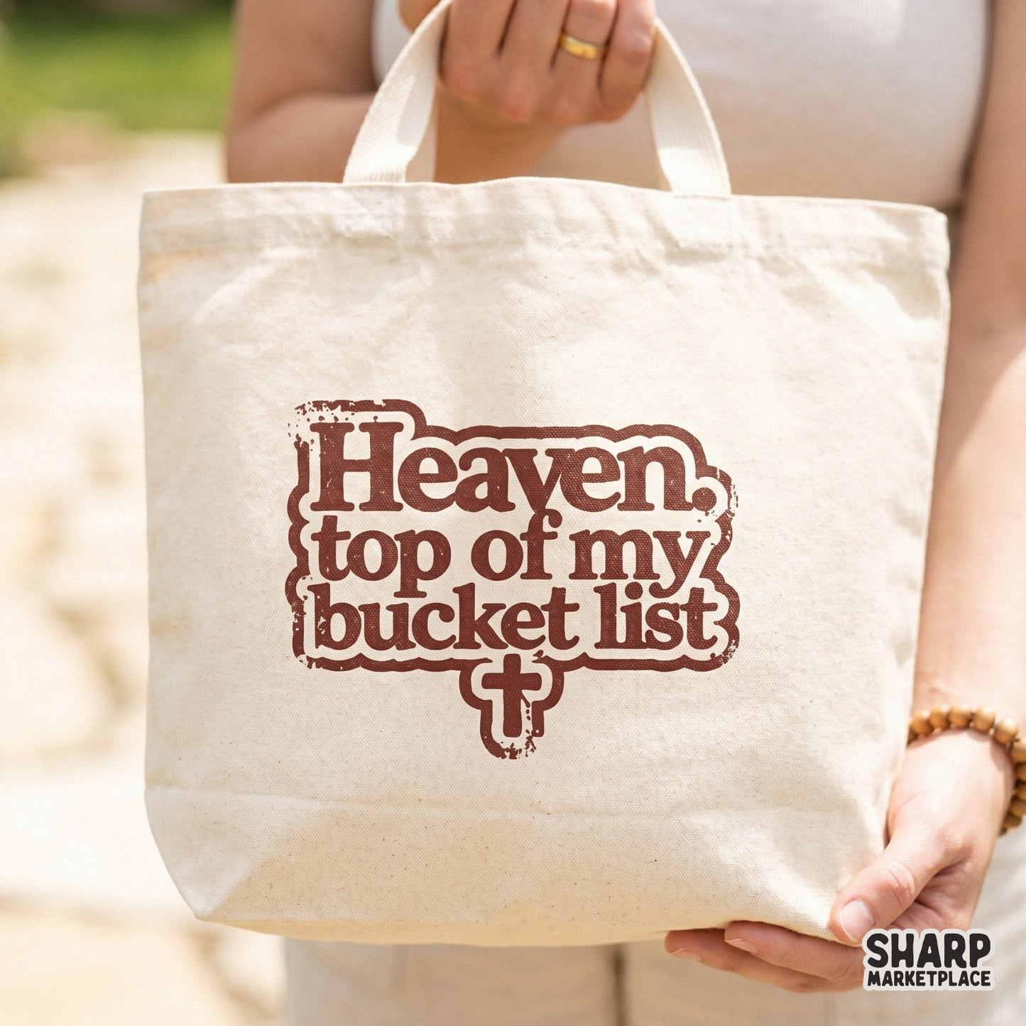 Faith-based sublimation design with a retro stamp aesthetic, featuring the quote Heaven. Top of my bucket list, perfect for DIY craft projects.