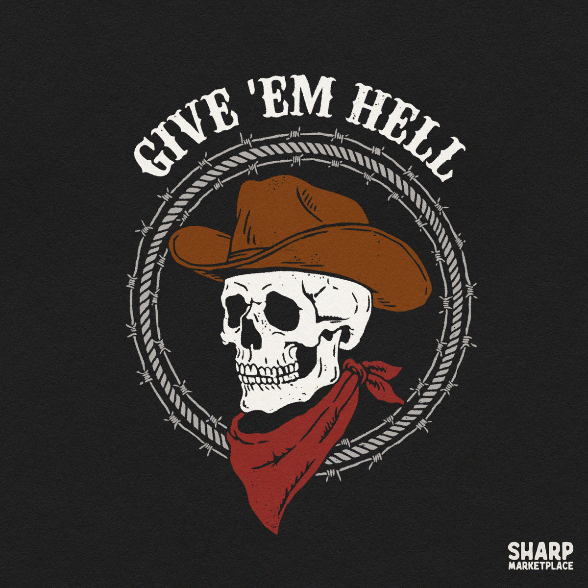 Retro Western cowboy skull PNG design with barbed wire and outlaw skeleton for t-shirts