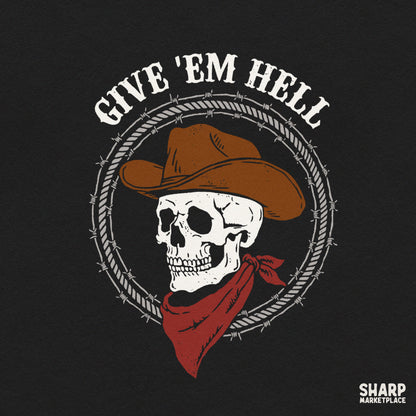 Retro Western cowboy skull PNG design with barbed wire and outlaw skeleton for t-shirts