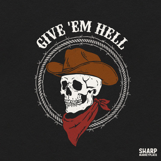 Retro Western cowboy skull PNG design with barbed wire and outlaw skeleton for t-shirts