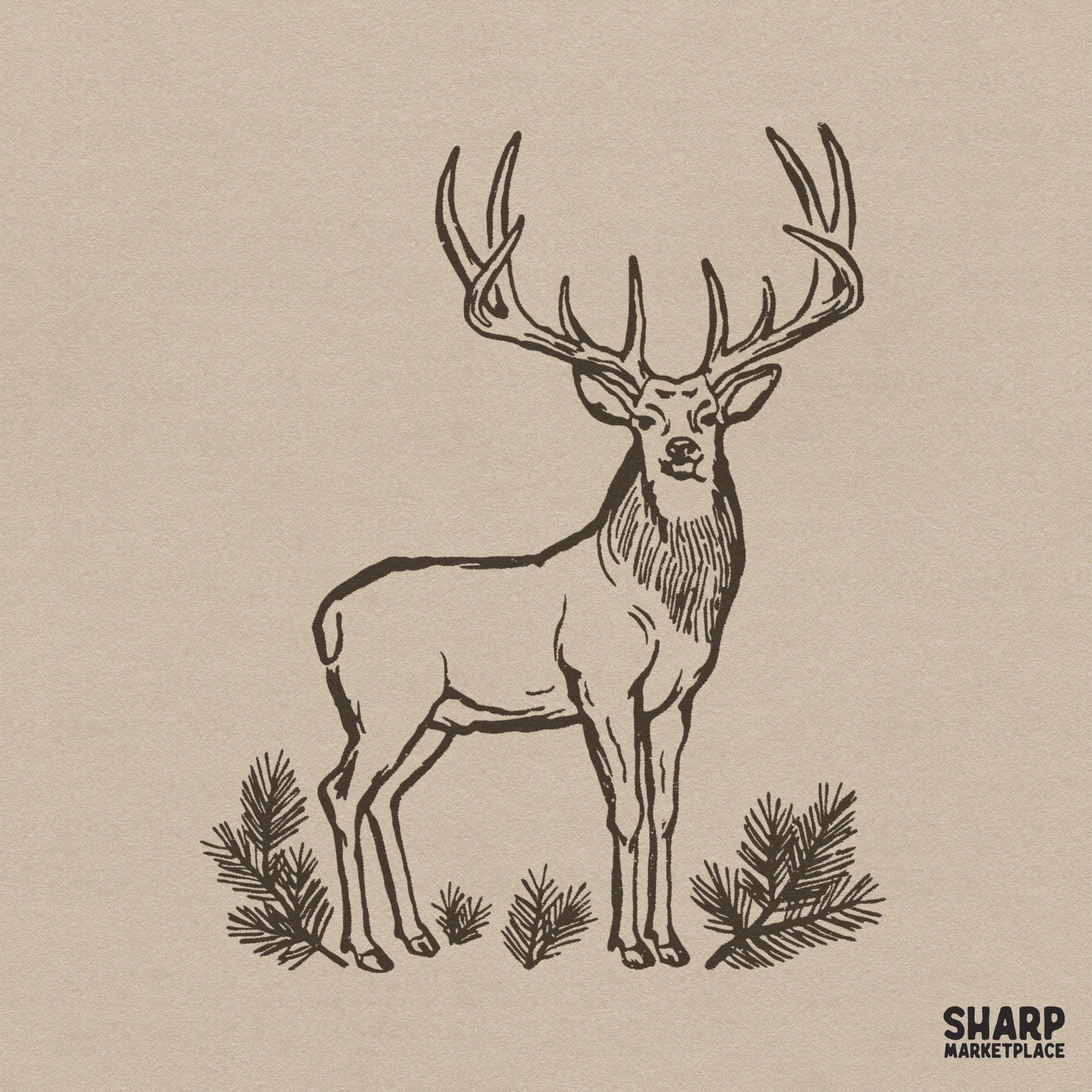 Vintage buck deer sketch sublimation PNG design for rustic outdoor and country music t-shirts