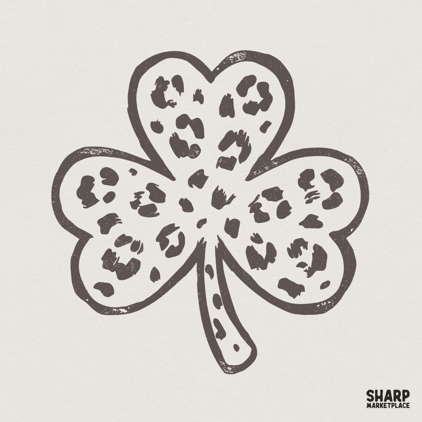 Hand-drawn three-leaf shamrock with a charcoal grey leopard print pattern, perfect for St. Patrick's Day sublimation and DIY apparel projects.