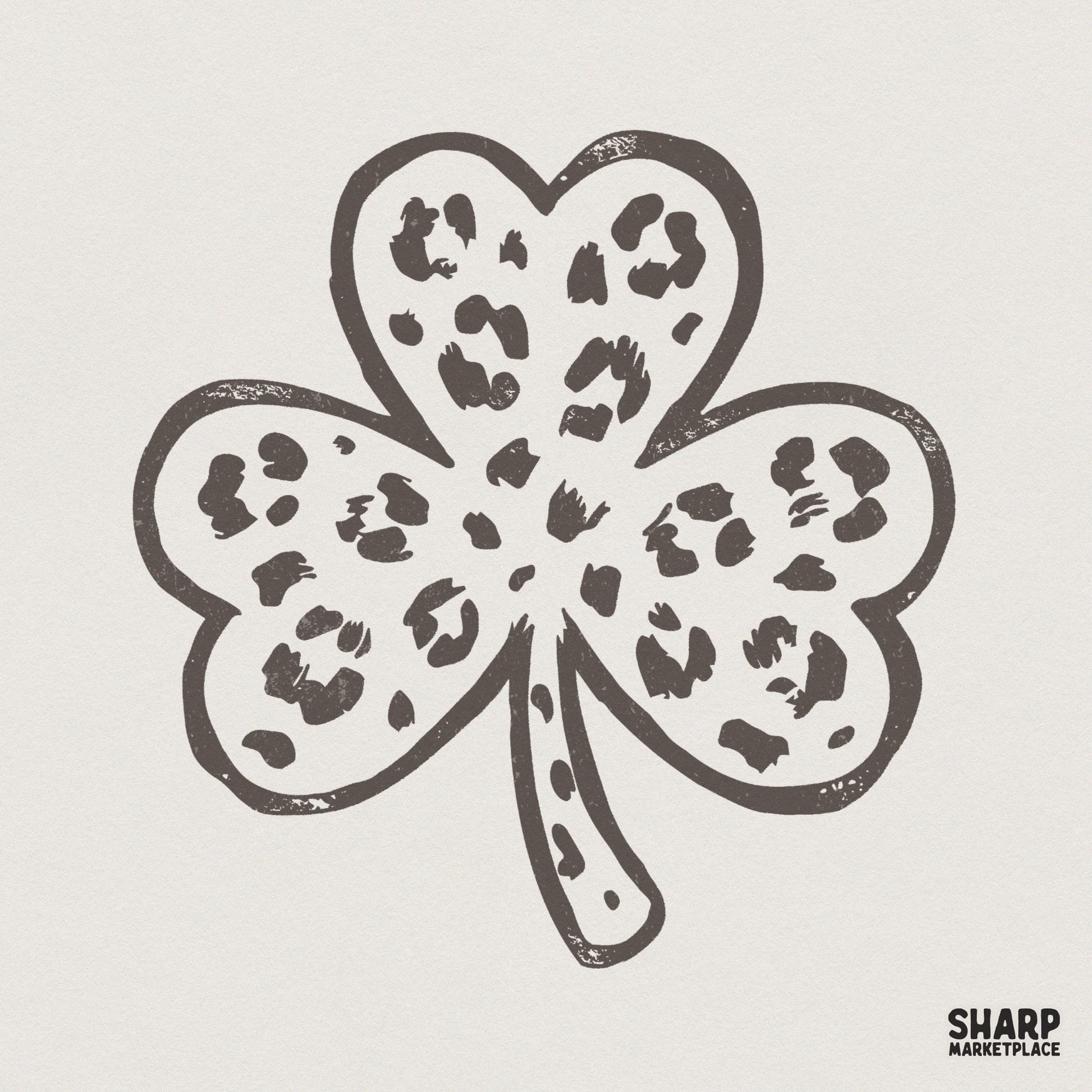 Hand-drawn three-leaf shamrock with a charcoal grey leopard print pattern, perfect for St. Patrick's Day sublimation and DIY apparel projects.