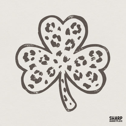 Hand-drawn three-leaf shamrock with a charcoal grey leopard print pattern, perfect for St. Patrick's Day sublimation and DIY apparel projects.