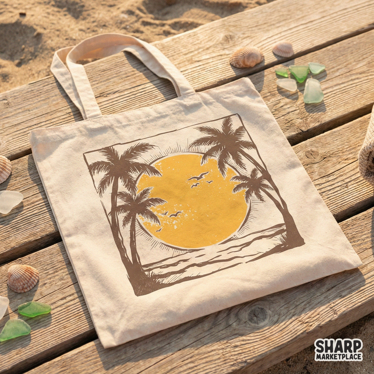 Retro beach scene digital design featuring palm trees and a sunset, displayed on a canvas tote bag for summer coastal decor projects.