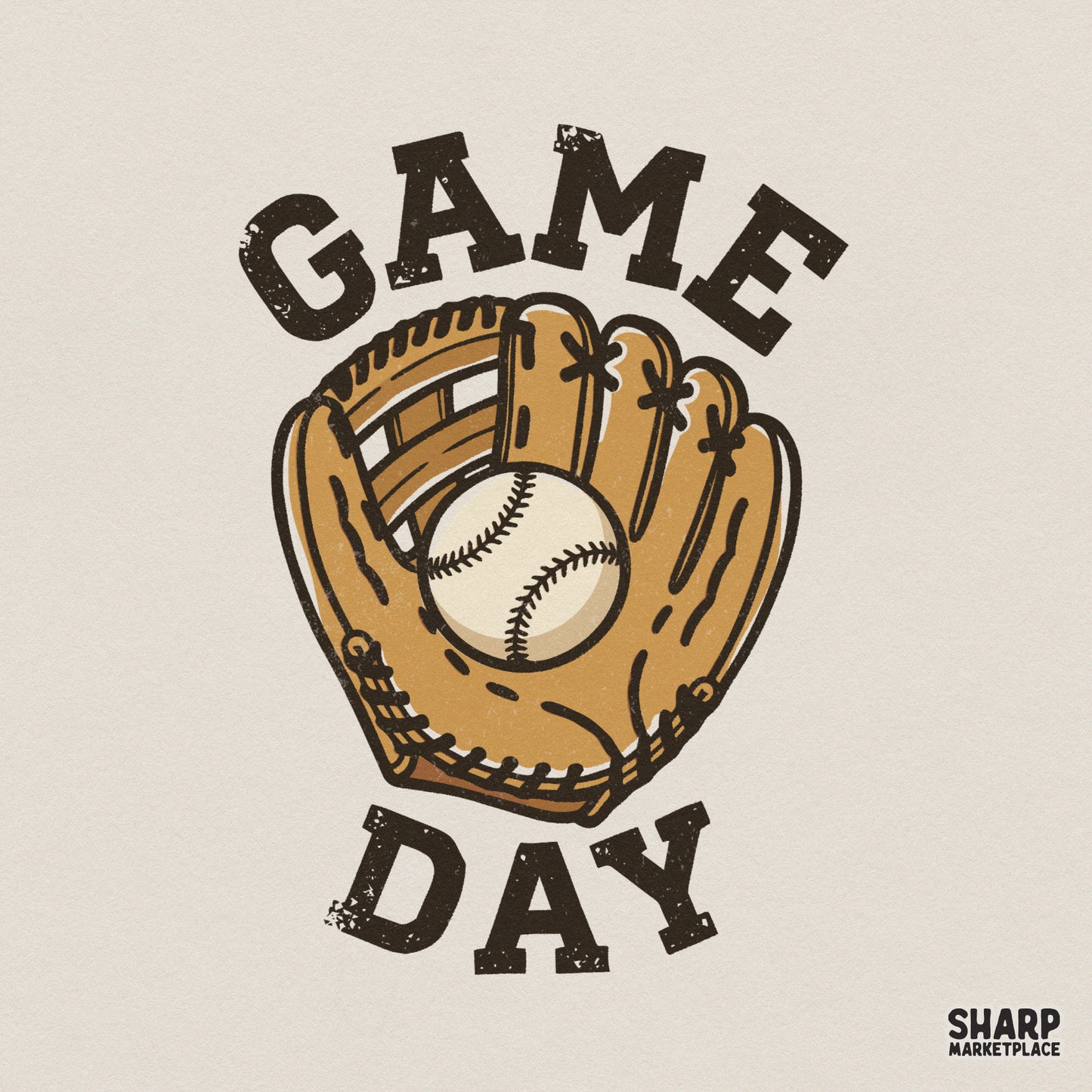 Vintage style Game Day baseball design featuring a tan leather glove holding a ball with distressed block lettering for sports apparel and sublimation.