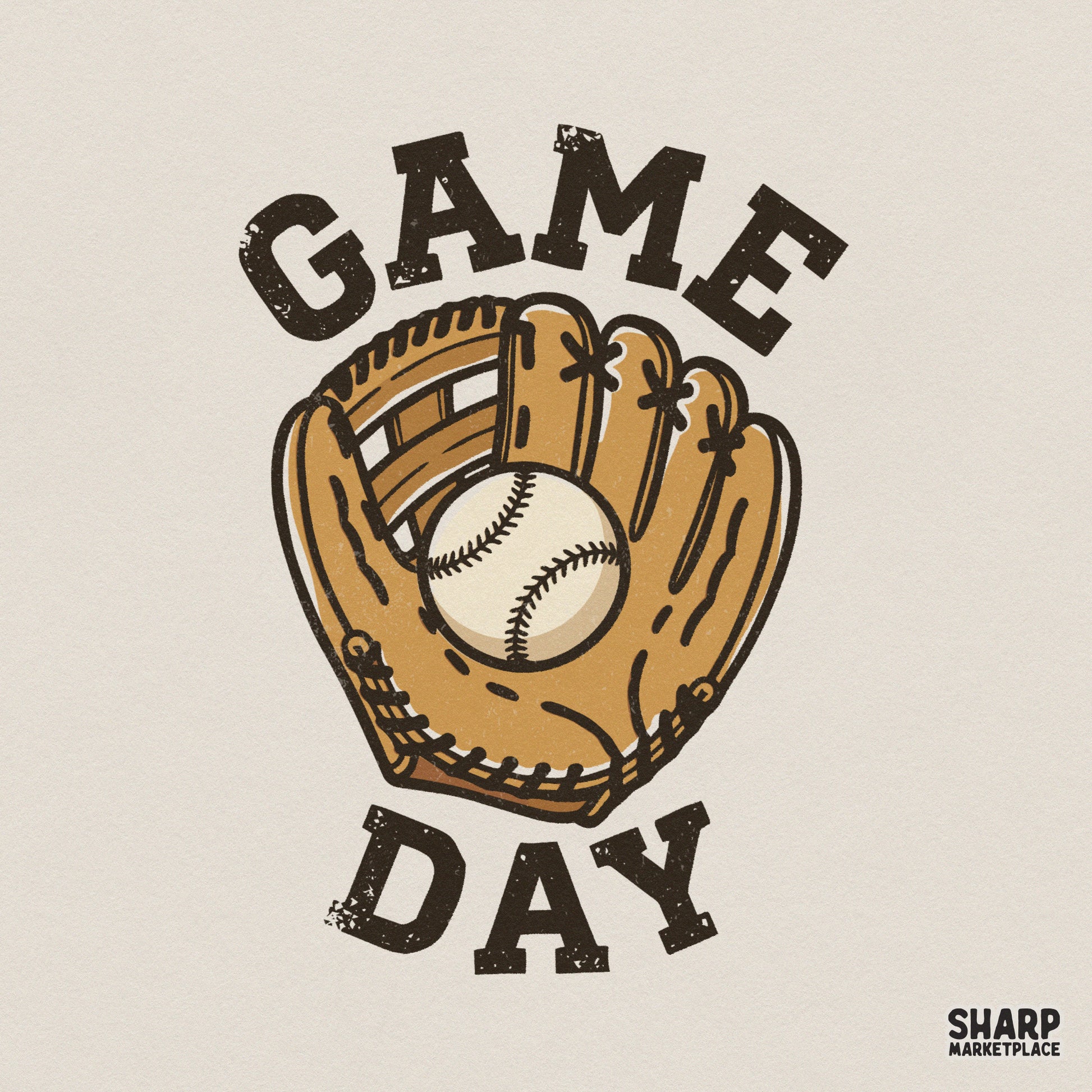 Vintage style Game Day baseball design featuring a tan leather glove holding a ball with distressed block lettering for sports apparel and sublimation.