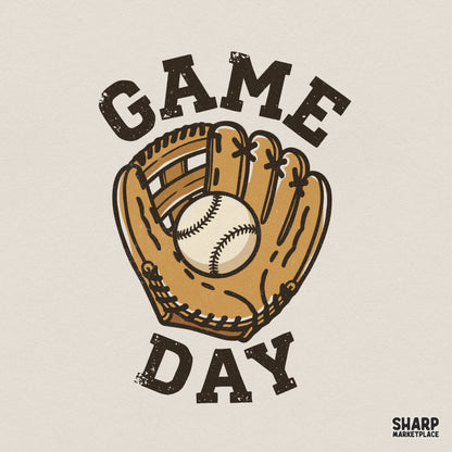 Vintage style Game Day baseball design featuring a tan leather glove holding a ball with distressed block lettering for sports apparel and sublimation.