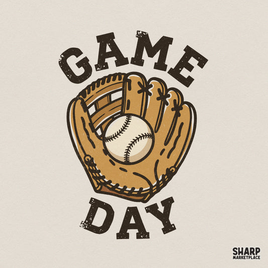 Vintage style Game Day baseball design featuring a tan leather glove holding a ball with distressed block lettering for sports apparel and sublimation.