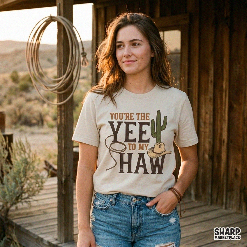 Funny retro western couple sublimation design with cowboy hat and cactus for country romance t-shirts and PNG downloads
