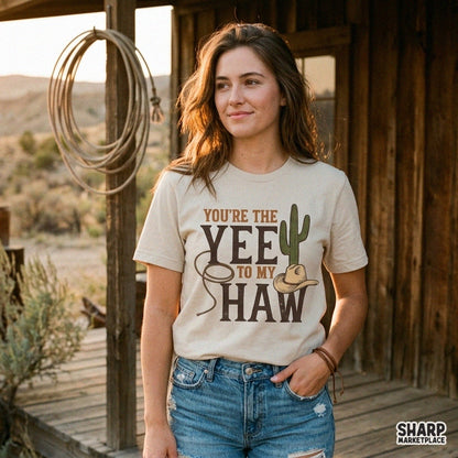 Funny retro western couple sublimation design with cowboy hat and cactus for country romance t-shirts and PNG downloads