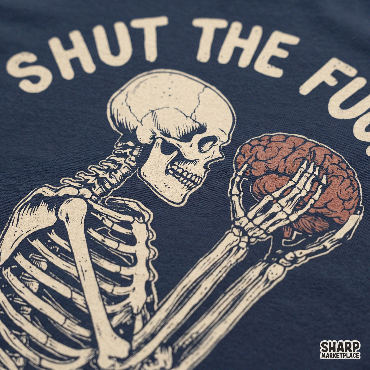 Sarcastic retro skull design with a skeleton holding a brain funny dark humor PNG graphic for t-shirt sublimation