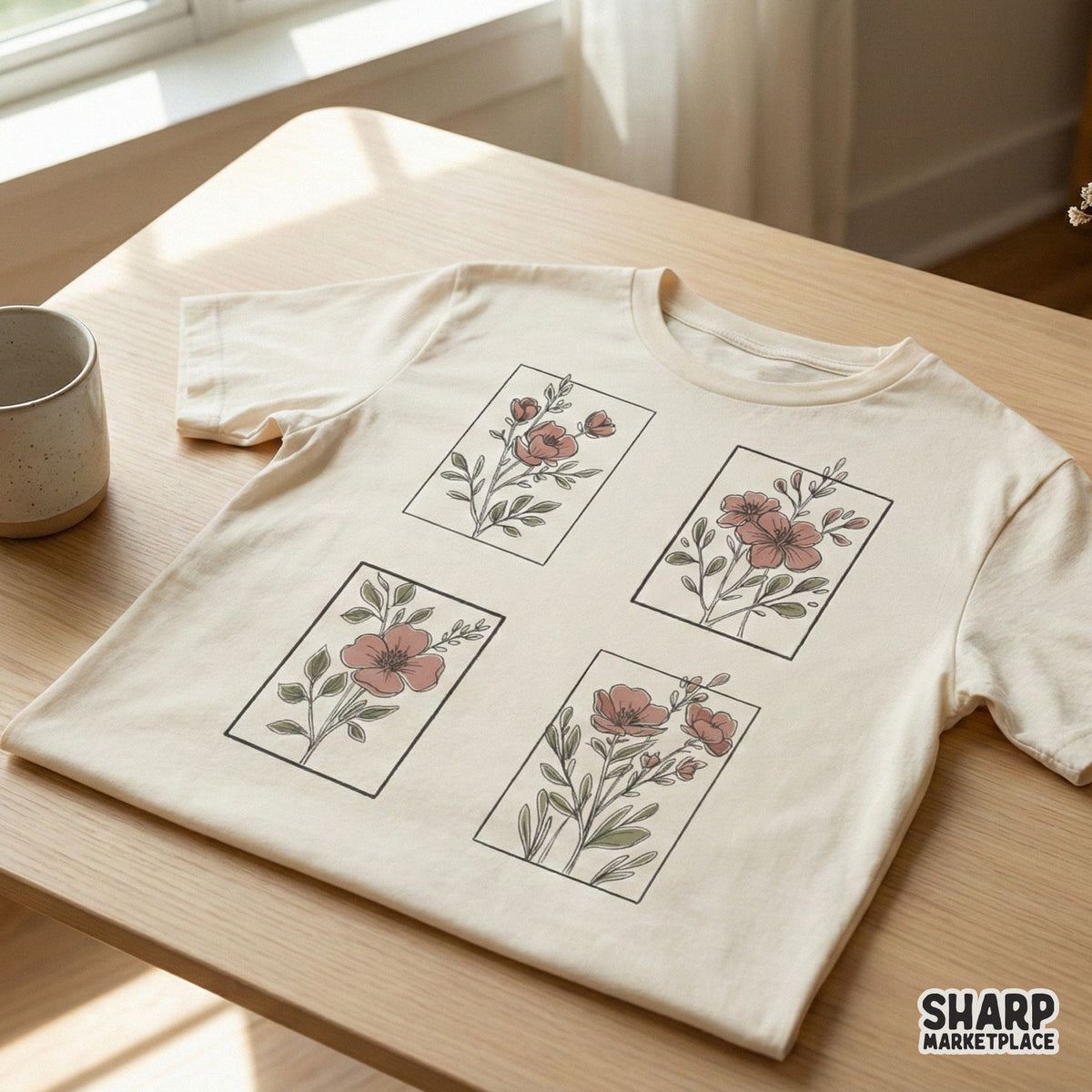 Boho wildflower botanical line art graphic featuring four unique floral arrangements in rectangular frames, perfect for custom t-shirt printing.