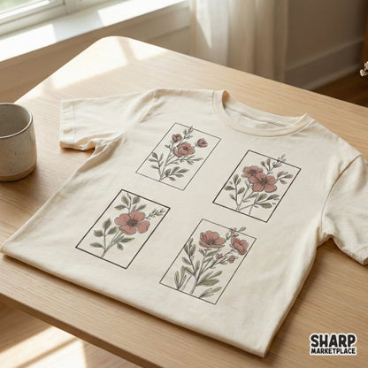 Boho wildflower botanical line art graphic featuring four unique floral arrangements in rectangular frames, perfect for custom t-shirt printing.