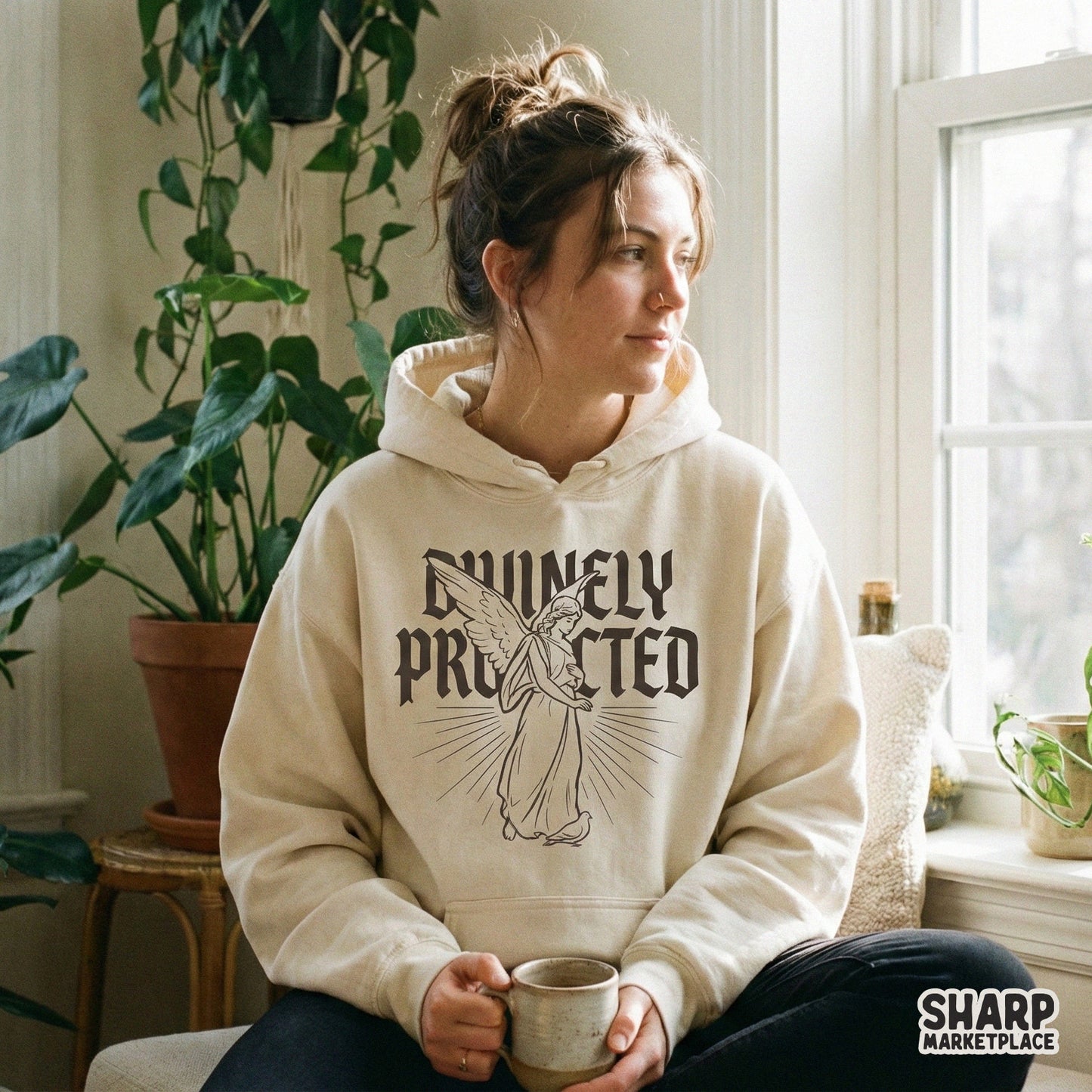 Divinely Protected PNG, Angel Line Art Shirt Design - 300 DPI Design for