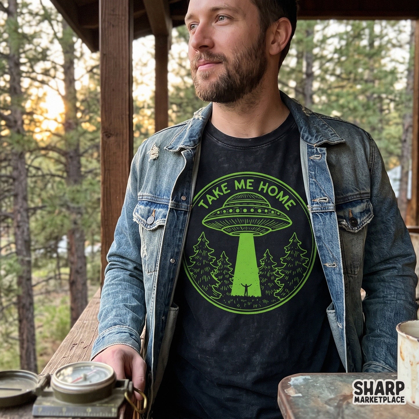 Retro neon forest camping design with a ufo abduction alien spaceship for streetwear sublimation and t-shirts