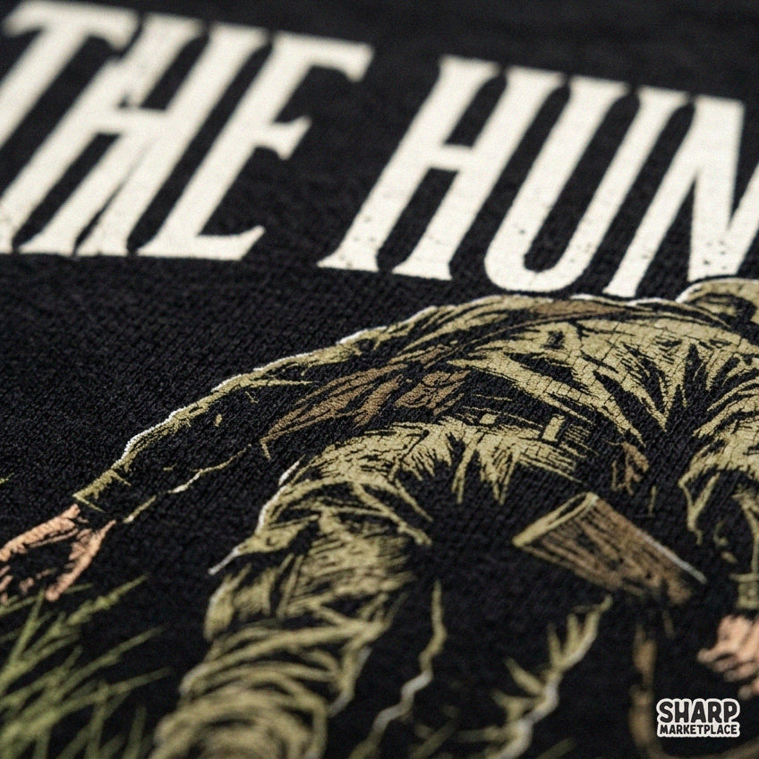 Retro hunter walking in tall grass autumn sublimation design for outdoorsman t-shirts and hunting PNG apparel