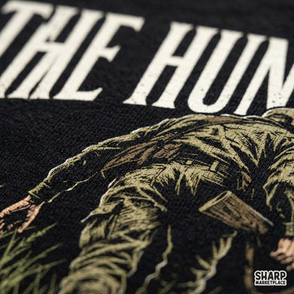Retro hunter walking in tall grass autumn sublimation design for outdoorsman t-shirts and hunting PNG apparel