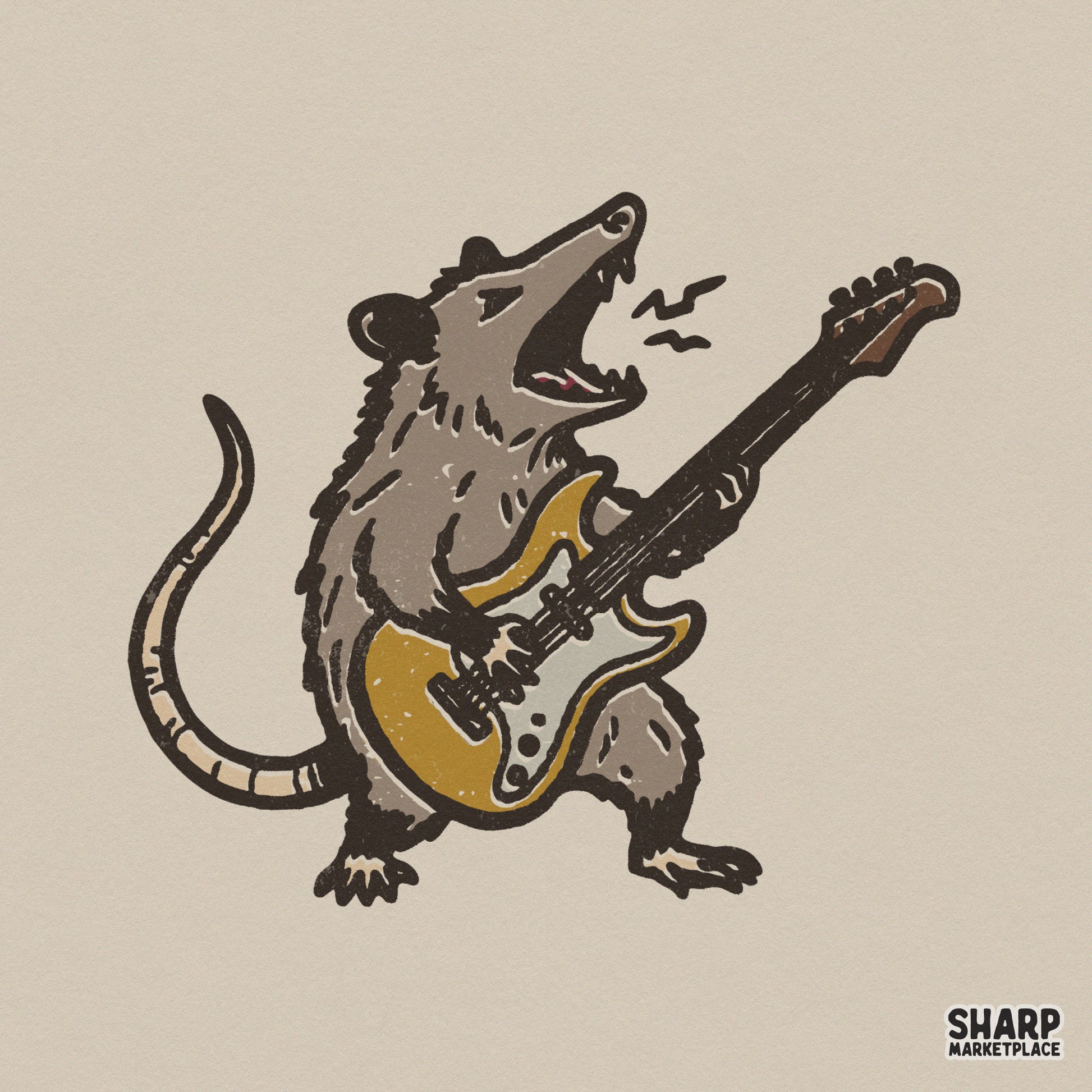 Vintage style digital illustration of a screaming opossum playing a yellow electric guitar, featuring distressed textures for t-shirt sublimation.