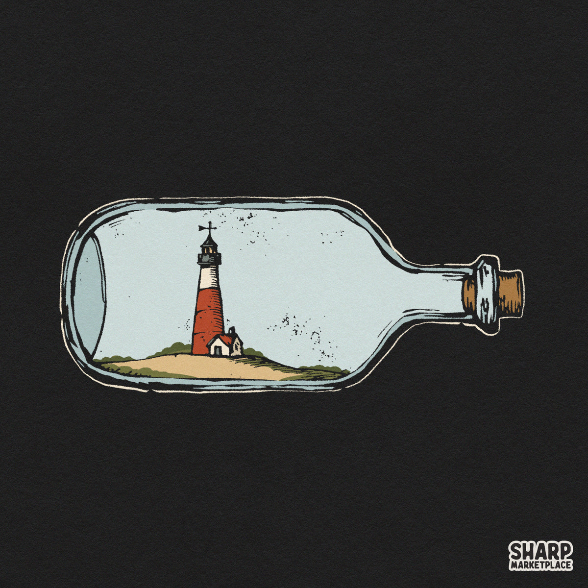 Vintage lighthouse in a glass bottle on a sandy dune, ideal summer beach PNG graphic for tumbler sublimation designs