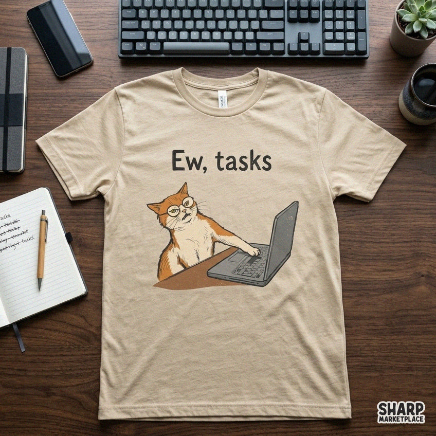 Funny orange cat with glasses typing on a laptop with Ew Tasks text for sarcastic office humor t-shirt design png