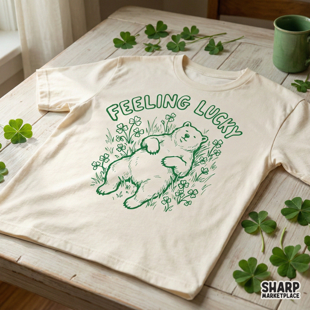 Digital sublimation design on a cream t-shirt showing a hand-drawn bear resting in a clover patch with vintage style typography for holiday apparel.