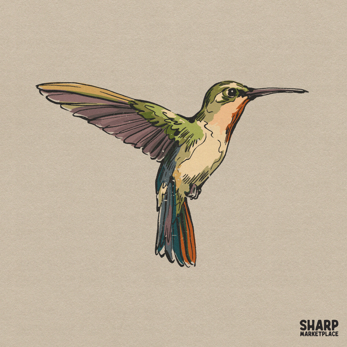 Watercolor hummingbird in flight with moss green, orange, and charcoal tones, featuring delicate sketch linework for nature-themed DIY projects.