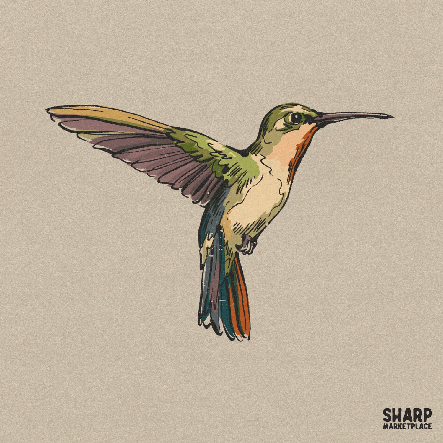 Watercolor hummingbird in flight with moss green, orange, and charcoal tones, featuring delicate sketch linework for nature-themed DIY projects.