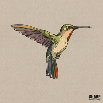 Watercolor hummingbird in flight with moss green, orange, and charcoal tones, featuring delicate sketch linework for nature-themed DIY projects.