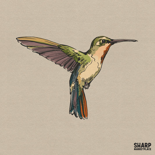 Watercolor hummingbird in flight with moss green, orange, and charcoal tones, featuring delicate sketch linework for nature-themed DIY projects.