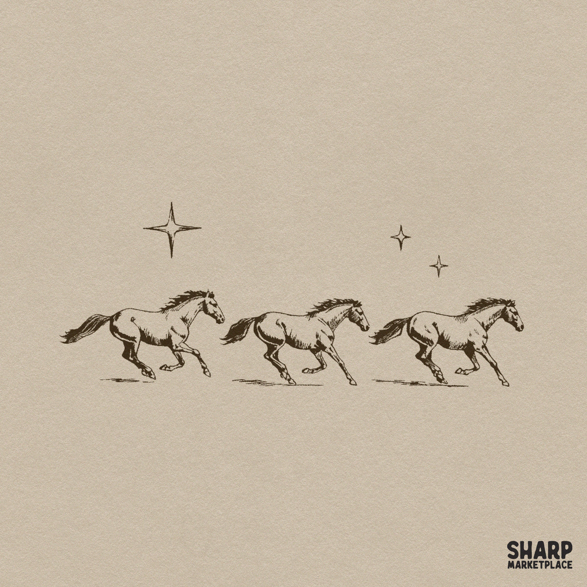 Three wild mustangs running under a starry night sky retro western PNG design for sublimation shirts