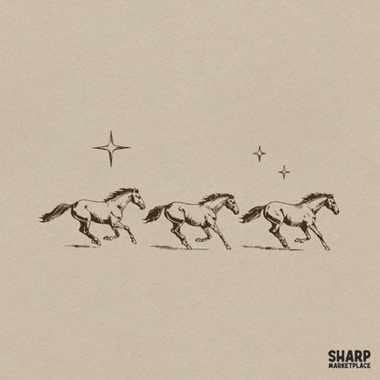 Three wild mustangs running under a starry night sky retro western PNG design for sublimation shirts