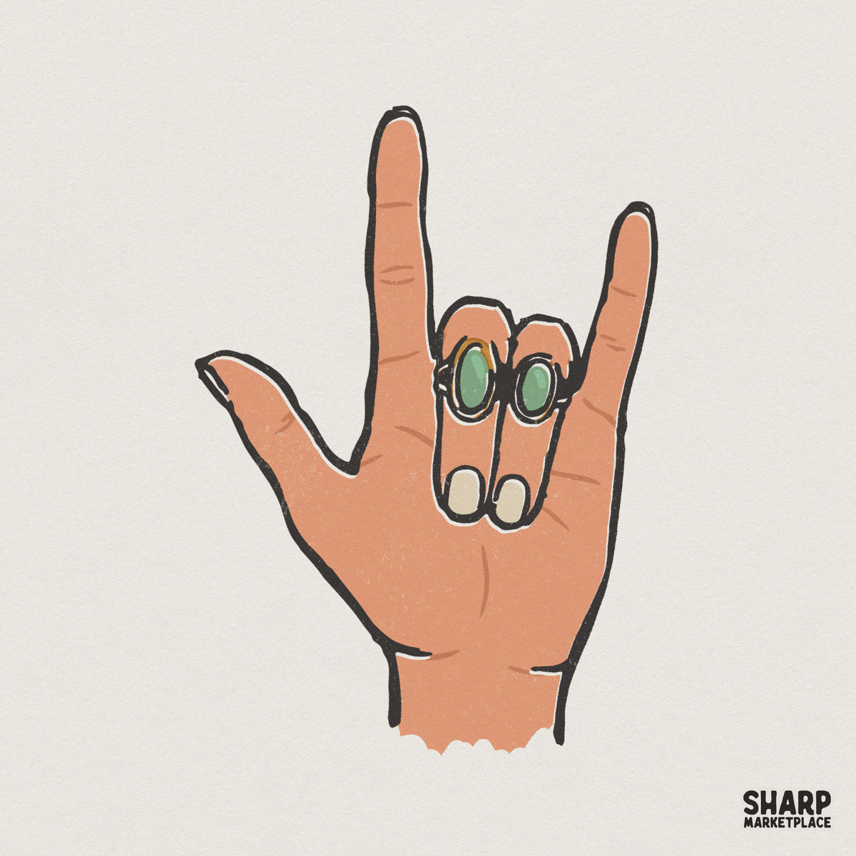 Hand-drawn American Sign Language I Love You gesture in tan skin tone with two bohemian rings featuring oval green stones and bold black outlines.