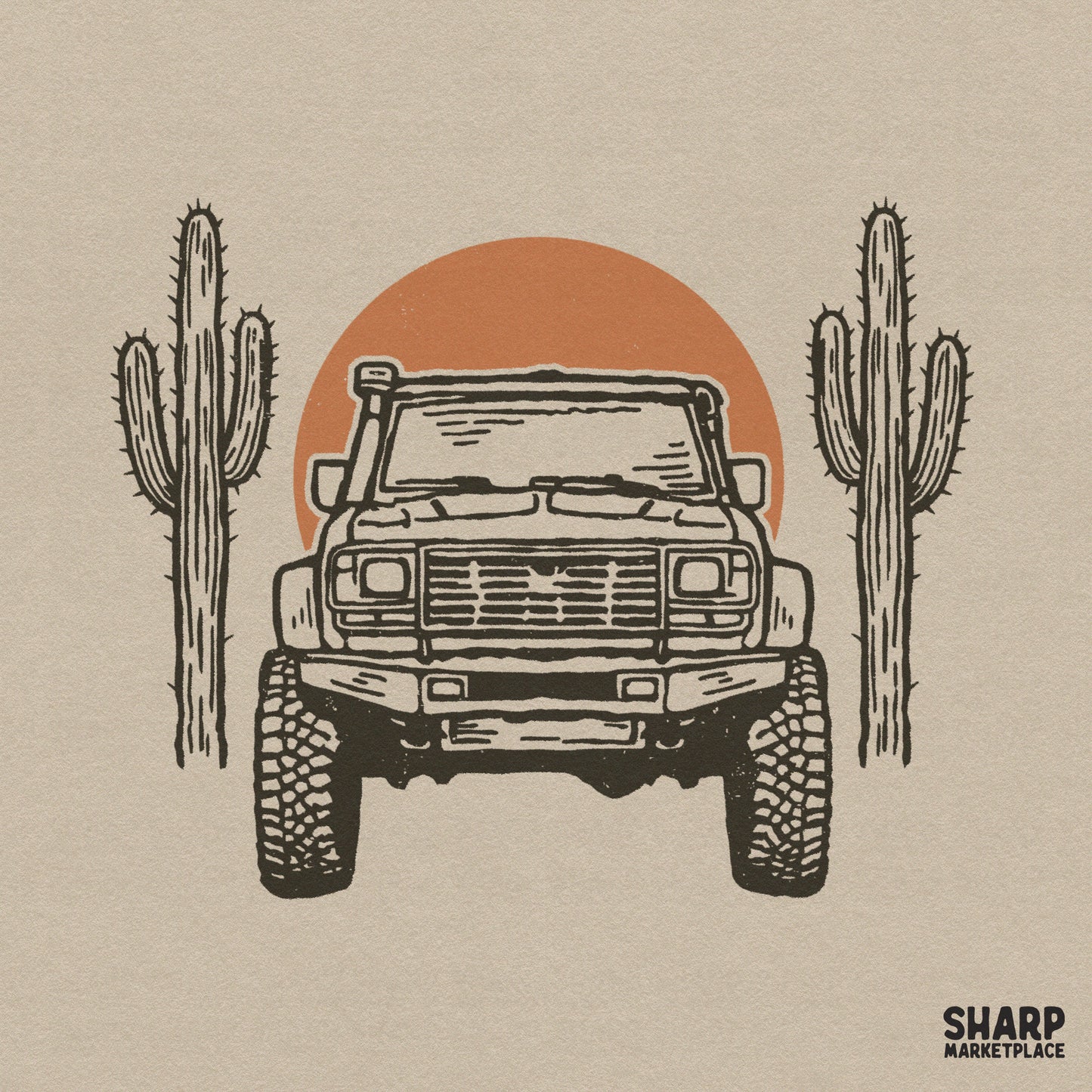 Retro desert offroad truck with cacti and sun illustration for western PNG digital downloads and summer shirt designs