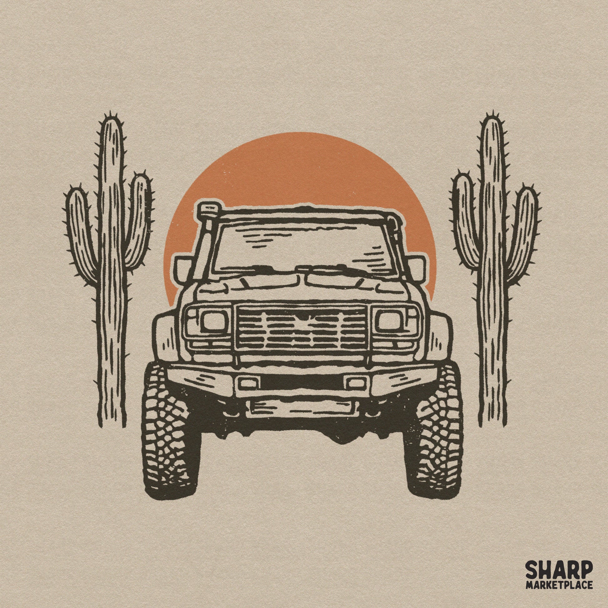 Retro desert offroad truck with cacti and sun illustration for western PNG digital downloads and summer shirt designs