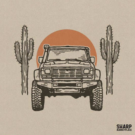 Retro desert offroad truck with cacti and sun illustration for western PNG digital downloads and summer shirt designs