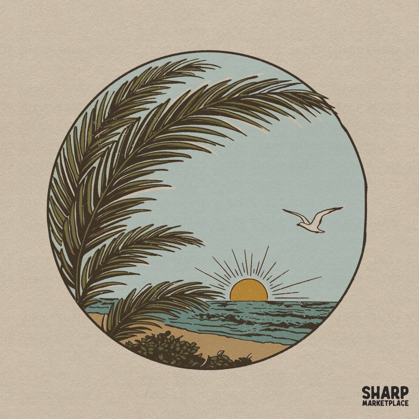 Retro summer png featuring an ocean sunrise and palm frond circle landscape for a Puerto Rico beach cruise or spring break trip