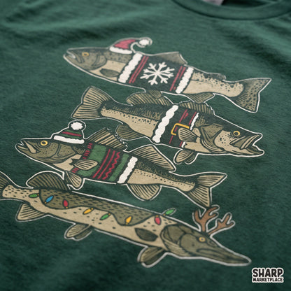 Vintage ugly sweater holiday fish Christmas PNG design for winter angler apparel and sublimation tees