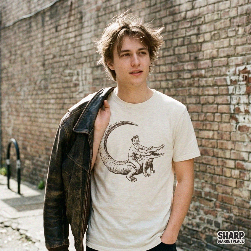 Funny vintage drawing of a boy riding an alligator in a swamp scene PNG graphic for t-shirt sublimation and print on demand