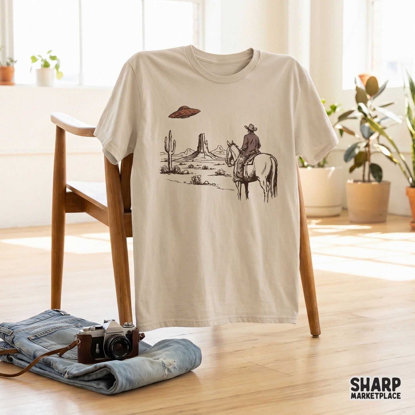 Retro western desert scene featuring a cowboy watching a UFO, presented as a high-quality digital graphic for t-shirt printing and apparel.