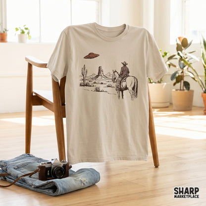 Retro western desert scene featuring a cowboy watching a UFO, presented as a high-quality digital graphic for t-shirt printing and apparel.