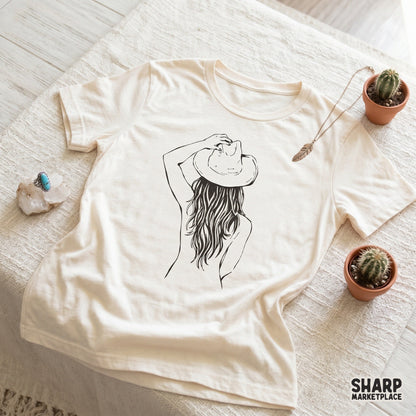 Retro-inspired cowgirl line art graphic on a transparent background, suitable for DTF printing, tumblers, and western wall art.