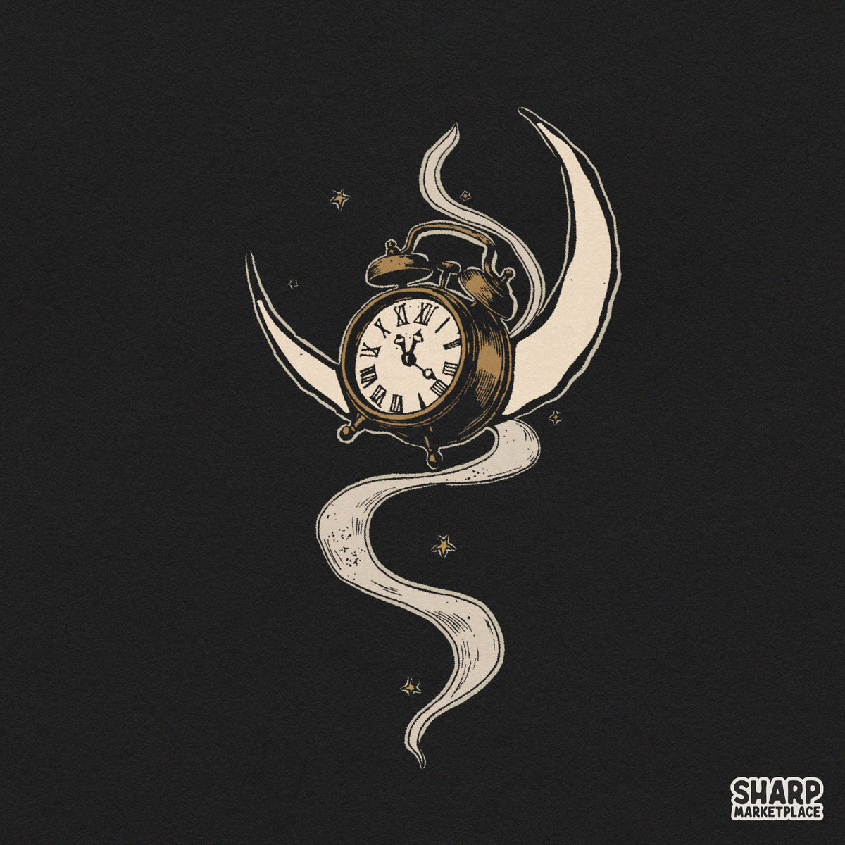 Flying alarm clock with bat wings and crescent moon PNG design for witchy Halloween shirt sublimation