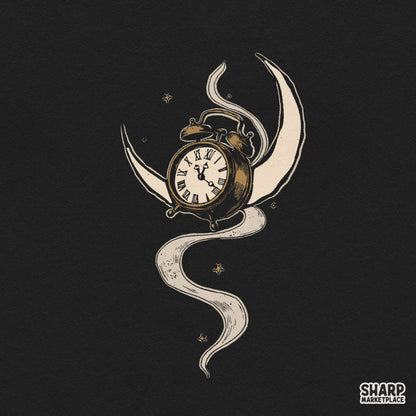 Flying alarm clock with bat wings and crescent moon PNG design for witchy Halloween shirt sublimation