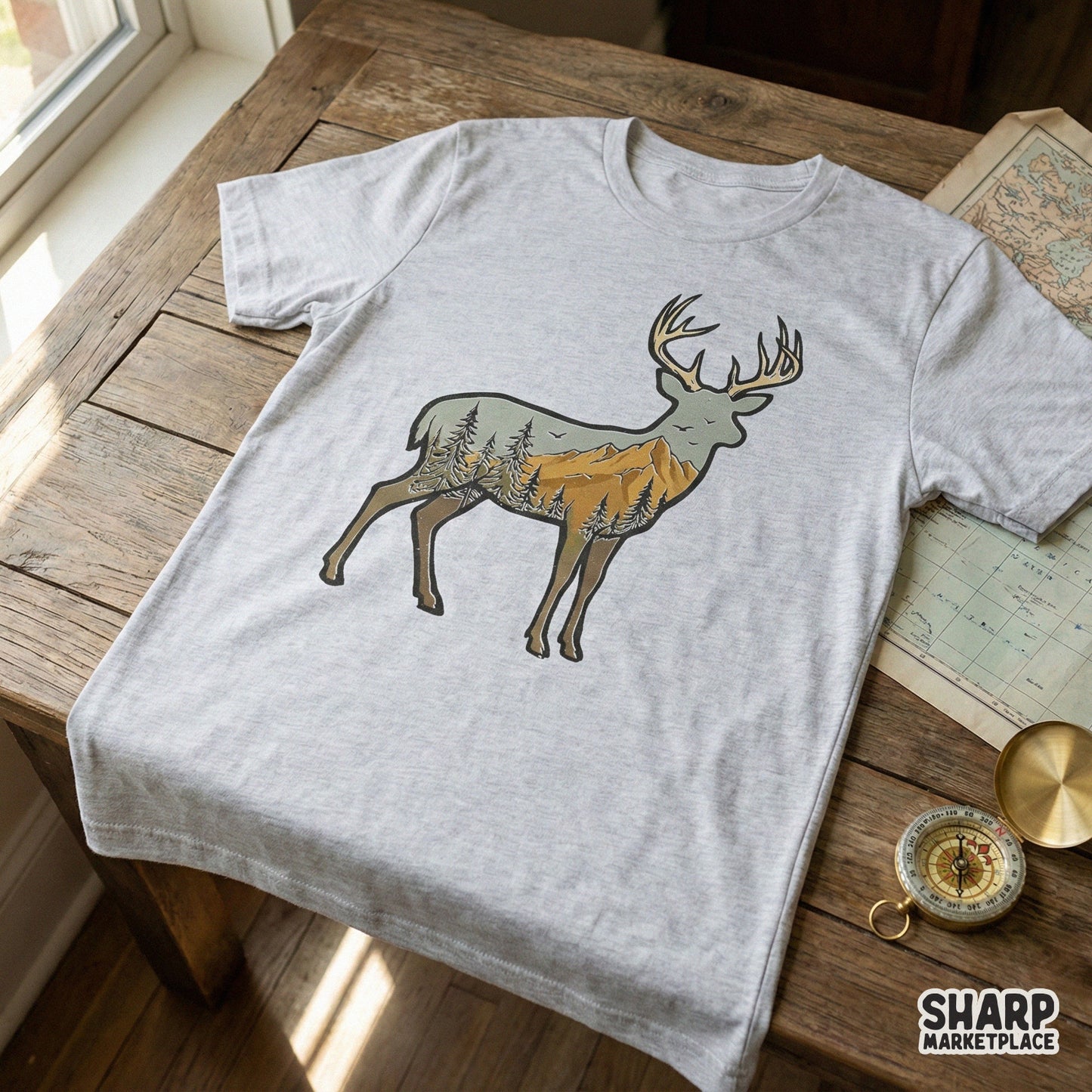 Rustic deer mountain wilderness design featuring a buck silhouette filled with forest and peak scenery, perfect for vintage outdoor t-shirt prints.